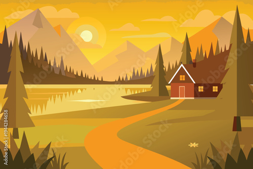 Mountain Cabin Lakeside at Sunset with Winding Path Flat Design  Illustration