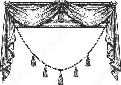 Elegant vintage curtain with decorative swag and tassels in classic ornamental