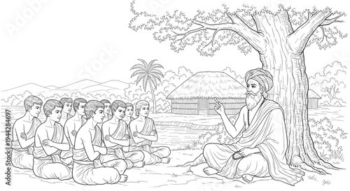 Ancient Indian Guru Teaching Young Students Outdoors Under Tree Wisdom Mentorship Education Guidance Learning