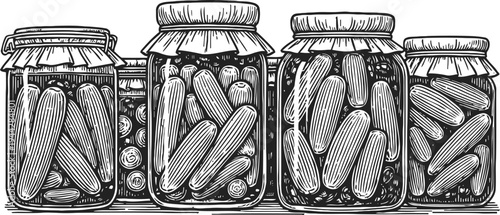 Hand drawn jars filled with pickled cucumbers and vegetables, vintage canned food illustration