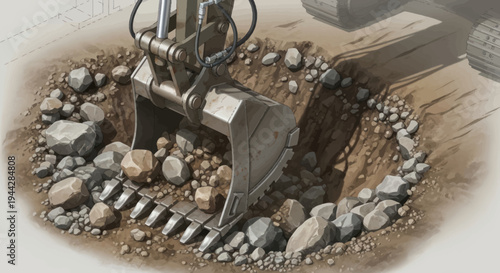 Excavator bucket digging into rocky ground at a construction site.
