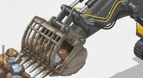 Close-up of a heavy-duty excavator bucket sifting through rocks and minerals.