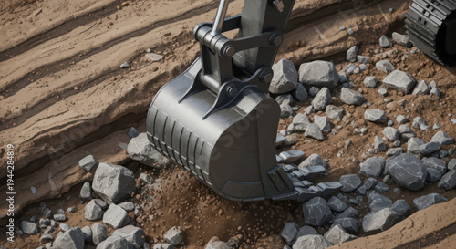 Close-up of a heavy-duty excavator bucket digging into rocky terrain.