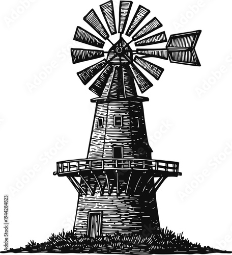 Vintage windmill engraving with rotating blades and stone tower surrounded by grass