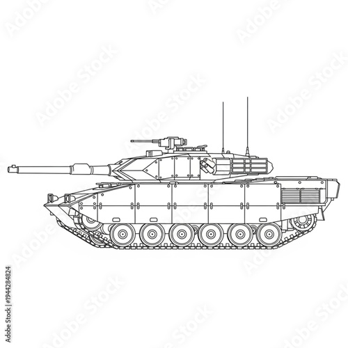 Black and White Tank Illustration Side View.