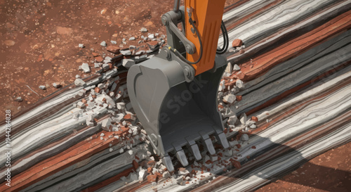 Excavator bucket digging into rocky ground at construction site.