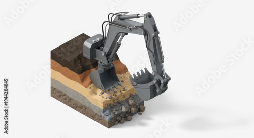 Excavator digging into layered earth cross section.