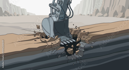 Excavator digging into dark ground with powerful bucket.