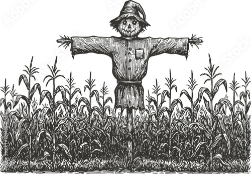 Scarecrow standing in tall cornfield with arms outstretched, rustic farm agriculture concept