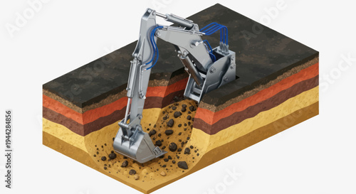 Excavator digging into layered earth cross-section.