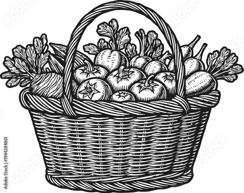 Basket of fresh vegetables hand drawn wicker basket with tomatoes, carrots, and leafy greens farm fresh harvest concept