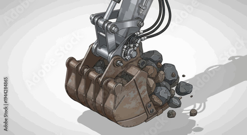 Heavy duty excavator bucket digging into dark soil.