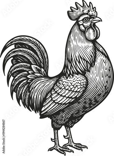 Detailed vintage rooster illustration farm bird standing with full plumage and prominent comb and wattle design