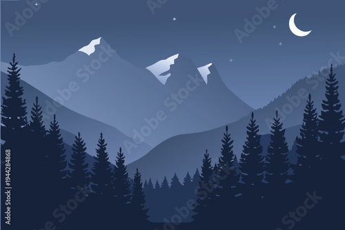 Mountain Landscape at Night with Crescent Moon and Stars Forest Silhouette