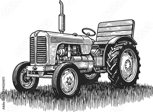 Vintage tractor illustration with detailed engine and large rear wheels on grass