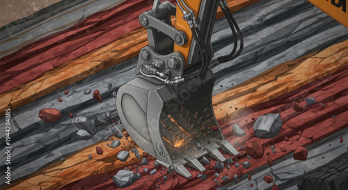Heavy duty excavator bucket digging into the ground.