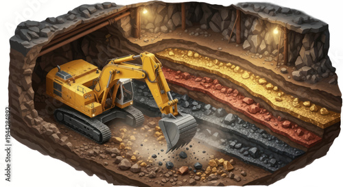 Heavy Excavator Digging in Underground Mine with Exposed Mineral Layers.