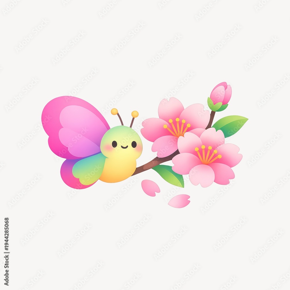 Fototapeta premium Colorful butterfly with cherry blossoms.