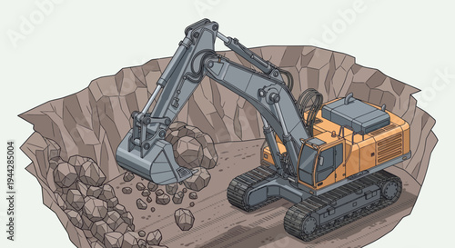 Heavy-duty excavator digging into the earth at a construction site.