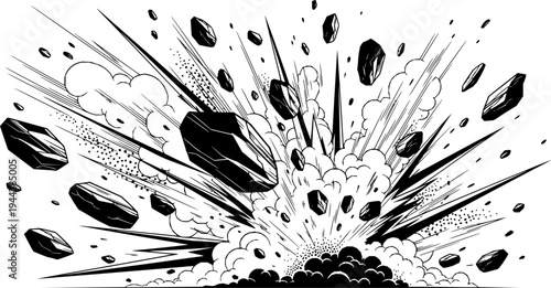 Rock fragments explode with dust and debris