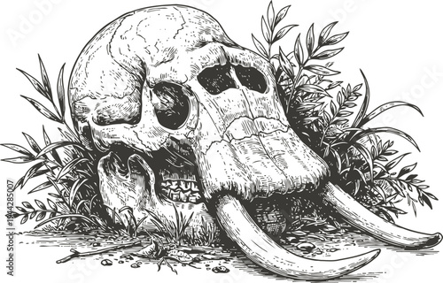 elephant skull detailed engraving with tusks and surrounding foliage vintage wildlife illustration