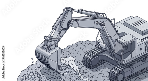 Heavy-duty excavator digging into a pile of earth and rocks.