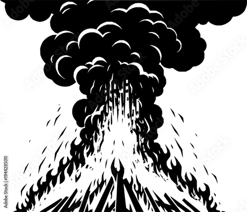 Large bonfire with roaring flames and dark smoke exploding upwards, cut out transparent