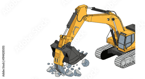 Heavy-duty yellow excavator breaking rocks on a construction site.