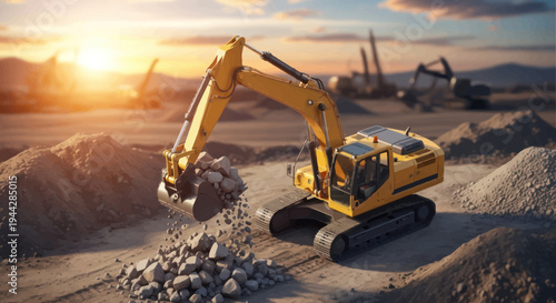 Heavy-duty yellow excavator digging and moving rocks at a construction site.