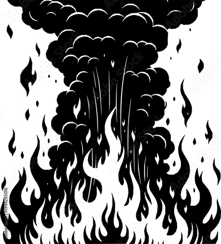 Large bonfire with roaring flames and dark smoke exploding upwards, cut out transparent