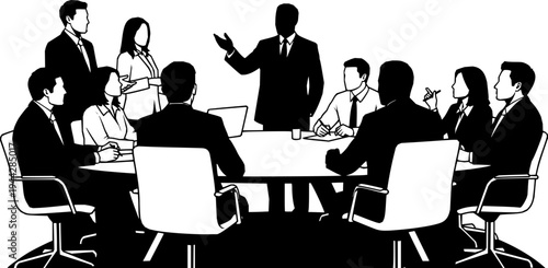 Business team in silhouette, dark outline, staff meeting, cut out transparent