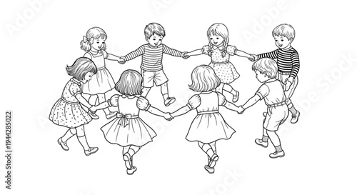 Children Holding Hands Dancing Together Joyfully in Circle for Playful Childhood Education and Fun