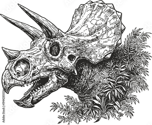 Triceratops dinosaur skull with detailed horns and frill emerging from prehistoric foliage drawing