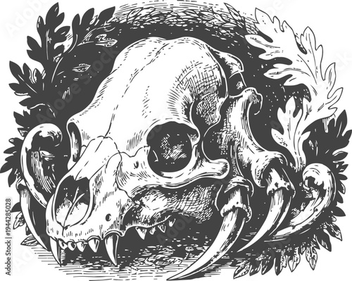Detailed animal skull with sharp teeth and claws surrounded by oak leaves engraved illustration