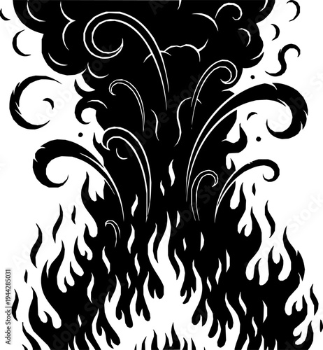 Large bonfire with roaring flames and dark smoke exploding upwards, cut out transparent