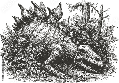 Extinct stegosaurus dinosaur skeleton lying in dense prehistoric jungle foliage detailed black and white illustration