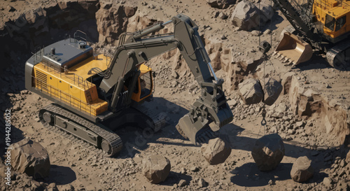 Heavy-duty yellow excavator digging earth at construction site.