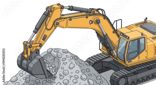 Heavy-duty yellow excavator digging into a pile of rocks and rubble at a construction site.