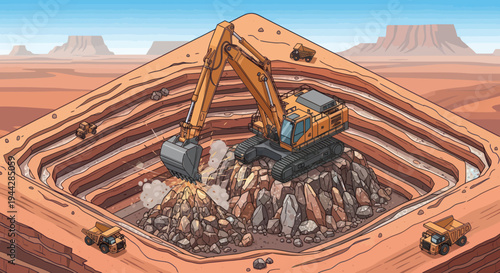 Large excavator digging in an open-pit mine, extracting raw materials.