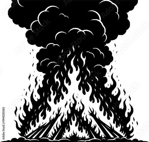 Large bonfire with roaring flames and dark smoke exploding upwards, cut out transparent
