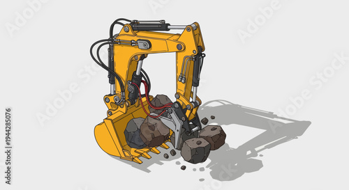 Yellow Excavator Digging Soil with Shadow on White Background.