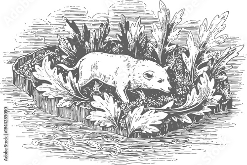 Victorian black and white illustration of a small pig standing on a leafy water island floating on river