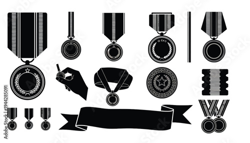 Medal icon set including silhouettes and ribbons for awards and recognition