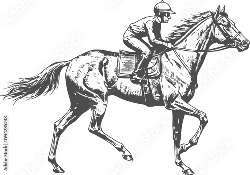 Jockey riding a galloping horse in racing position detailed black and white illustration
