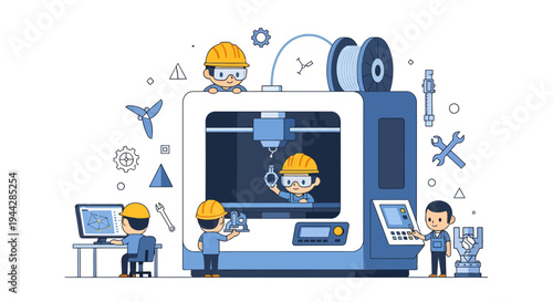 3D Printing Illustration, Vector Style Graphic, Engineering and Manufacturing Concept