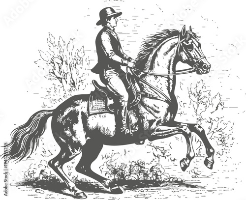 Vintage illustration of a man riding a horse equestrian rider in hat and boots performing horse riding outdoors
