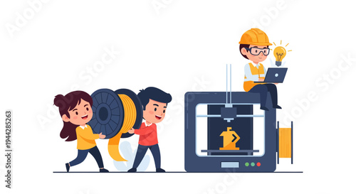 3d printing illustration, vector style graphic, teamwork and technology concept for business