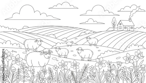 Spring Farm Landscape with Sheep and Flowers for Rural Lifestyle and Eco-Friendly Product Marketing 129