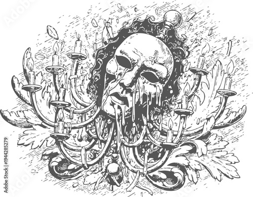 Crying theatrical mask entwined with ornate vintage chandelier and decorative foliage illustration