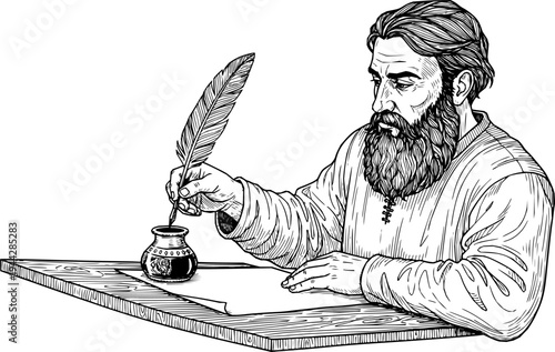 Penmanship artwork of a bearded man writing with ink and quill.